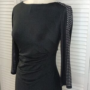 Studded Three Quarter Sleeve Black Midi Dress